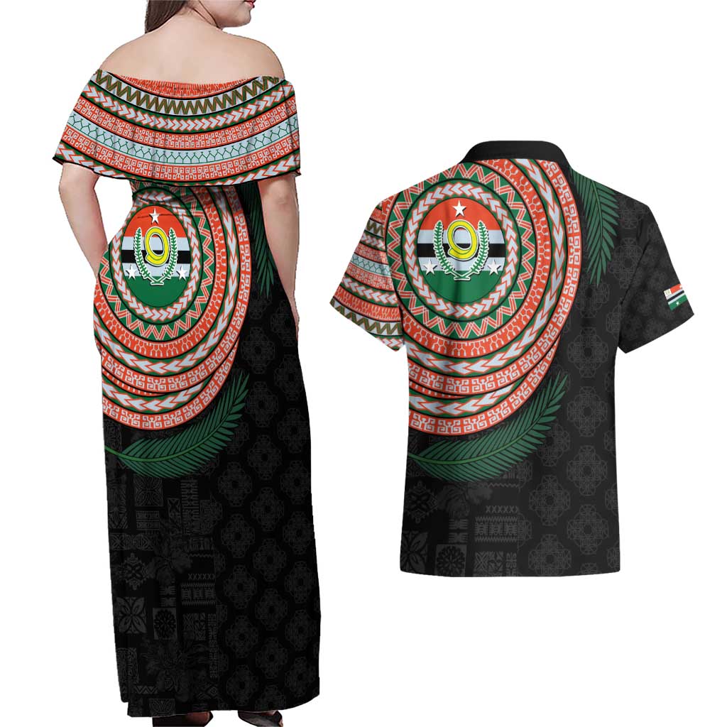 Penama Tribal Tattoo with Namele Leaves Couples Matching Off Shoulder Maxi Dress and Hawaiian Shirt