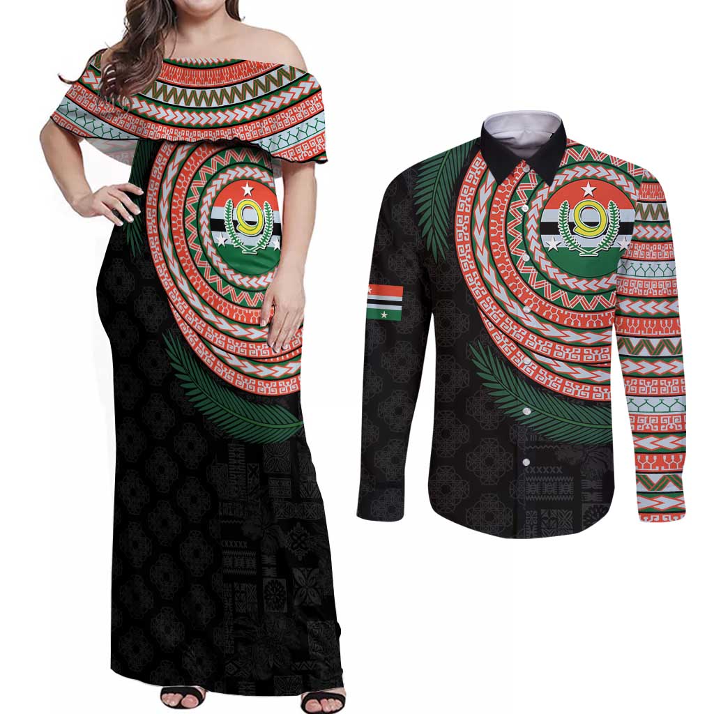 Penama Tribal Tattoo with Namele Leaves Couples Matching Off Shoulder Maxi Dress and Long Sleeve Button Shirt