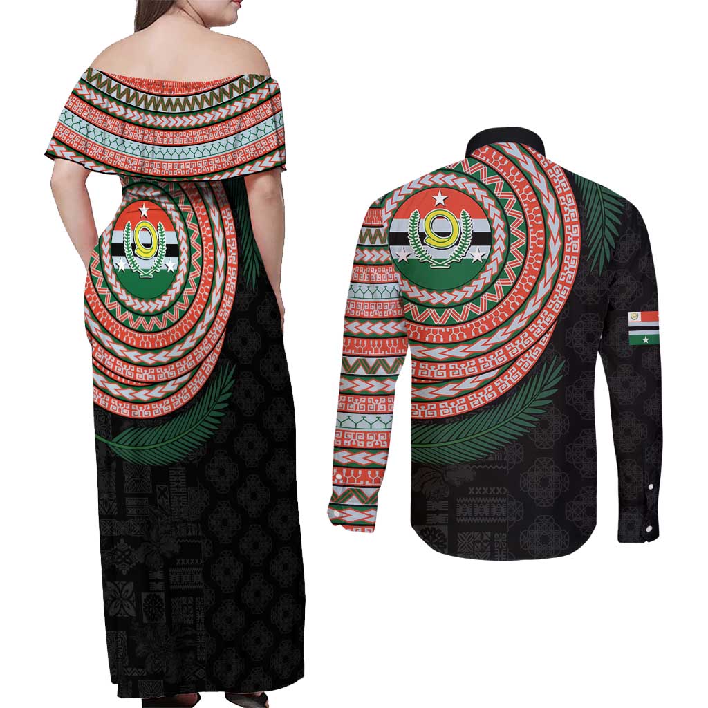 Penama Tribal Tattoo with Namele Leaves Couples Matching Off Shoulder Maxi Dress and Long Sleeve Button Shirt