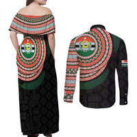 Penama Tribal Tattoo with Namele Leaves Couples Matching Off Shoulder Maxi Dress and Long Sleeve Button Shirt