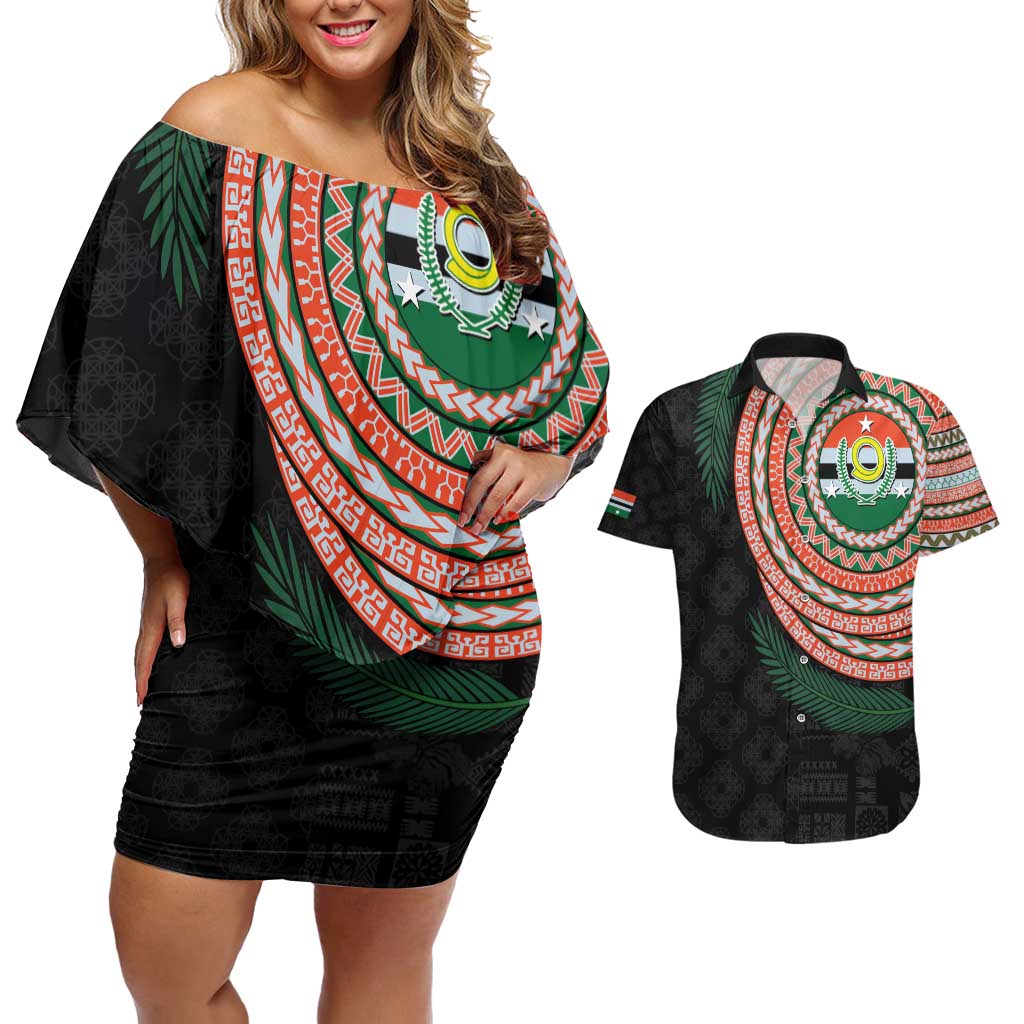 Penama Tribal Tattoo with Namele Leaves Couples Matching Off Shoulder Short Dress and Hawaiian Shirt