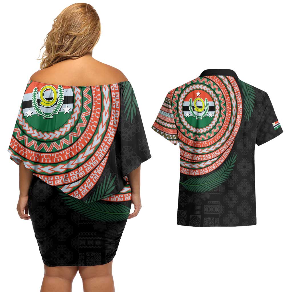 Penama Tribal Tattoo with Namele Leaves Couples Matching Off Shoulder Short Dress and Hawaiian Shirt