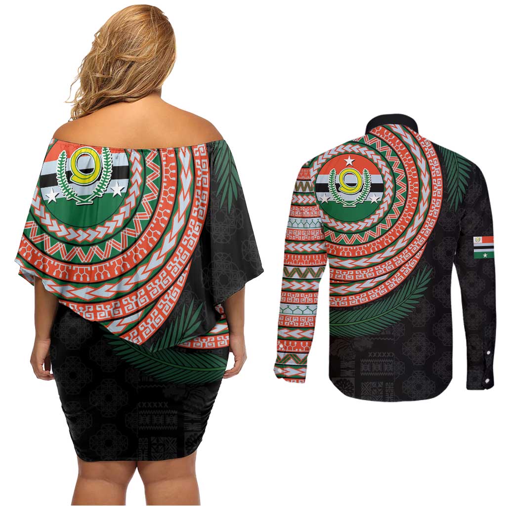 Penama Tribal Tattoo with Namele Leaves Couples Matching Off Shoulder Short Dress and Long Sleeve Button Shirt