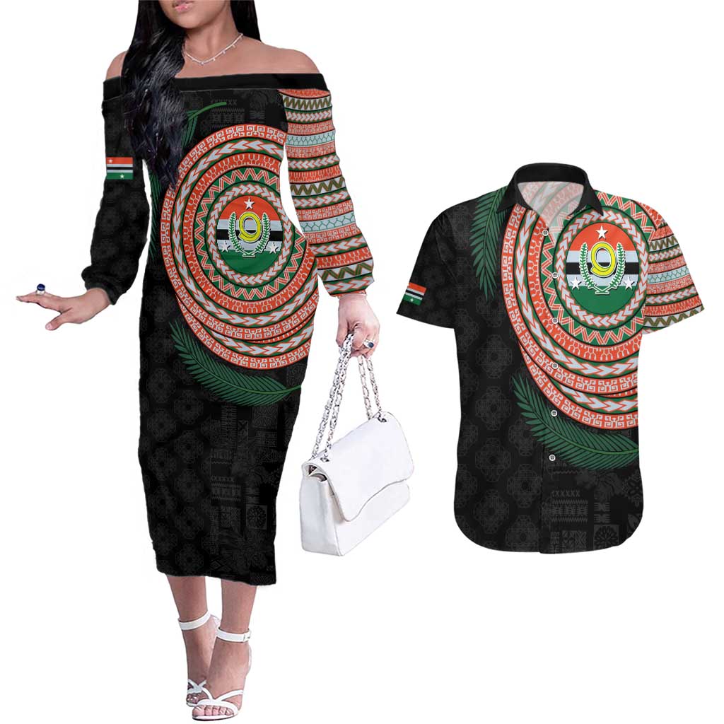 Penama Tribal Tattoo with Namele Leaves Couples Matching Off The Shoulder Long Sleeve Dress and Hawaiian Shirt