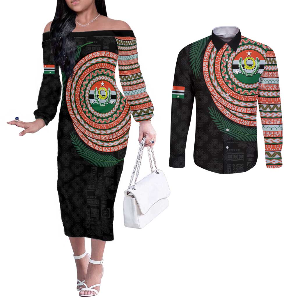 Penama Tribal Tattoo with Namele Leaves Couples Matching Off The Shoulder Long Sleeve Dress and Long Sleeve Button Shirt
