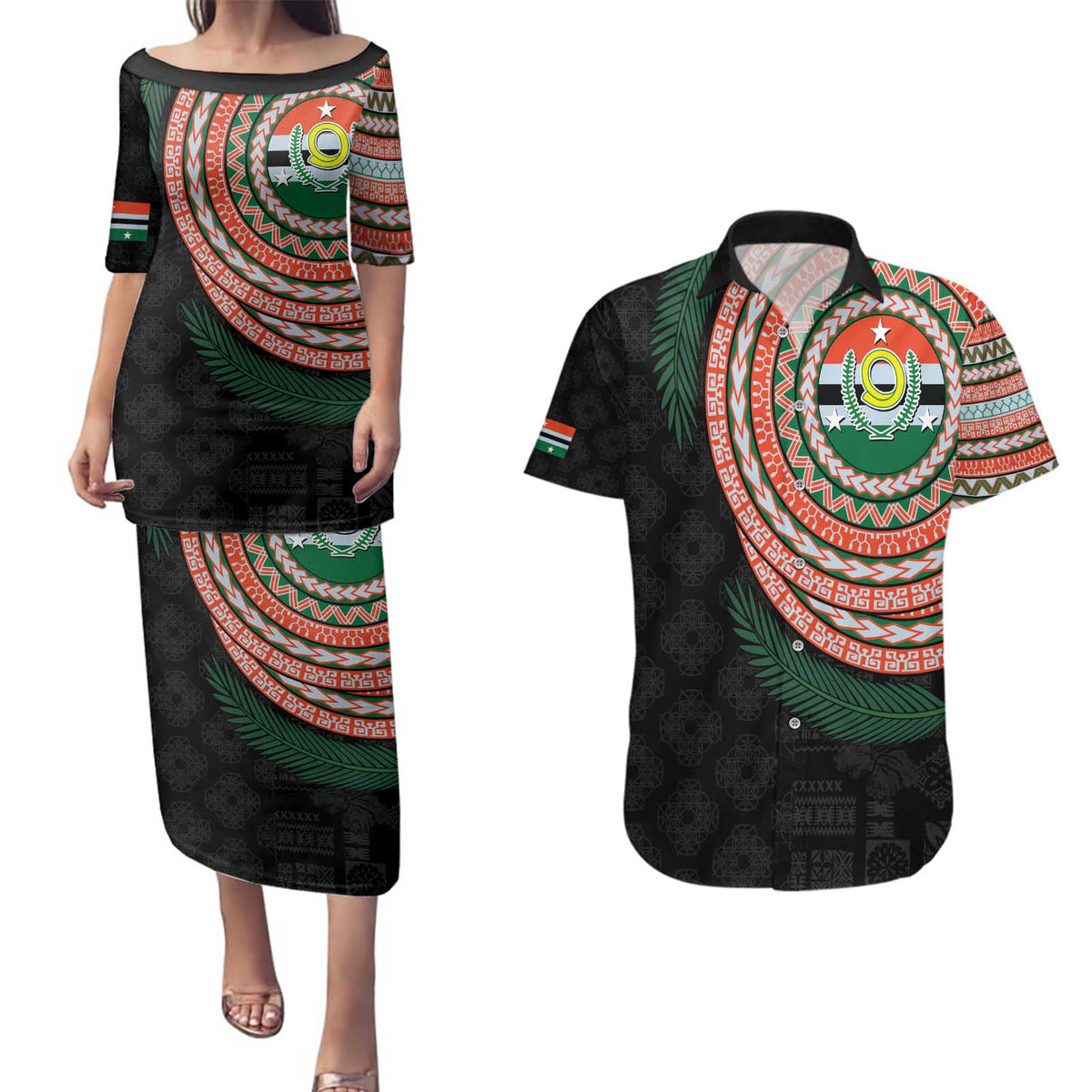 Penama Tribal Tattoo with Namele Leaves Couples Matching Puletasi and Hawaiian Shirt