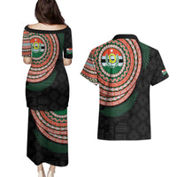 Penama Tribal Tattoo with Namele Leaves Couples Matching Puletasi and Hawaiian Shirt