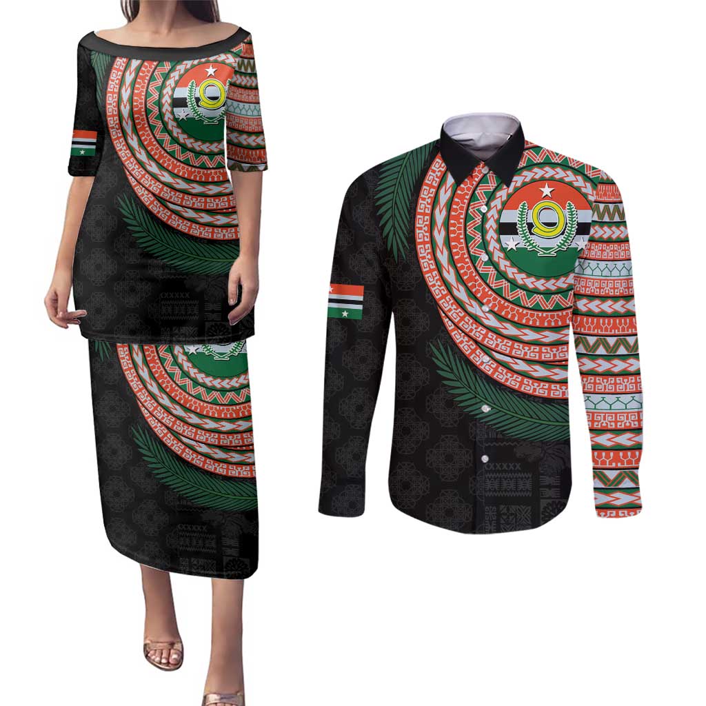 Penama Tribal Tattoo with Namele Leaves Couples Matching Puletasi and Long Sleeve Button Shirt