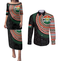 Penama Tribal Tattoo with Namele Leaves Couples Matching Puletasi and Long Sleeve Button Shirt