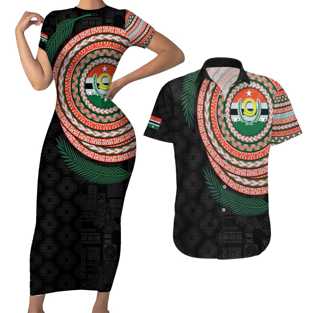 Penama Tribal Tattoo with Namele Leaves Couples Matching Short Sleeve Bodycon Dress and Hawaiian Shirt