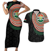 Penama Tribal Tattoo with Namele Leaves Couples Matching Short Sleeve Bodycon Dress and Hawaiian Shirt