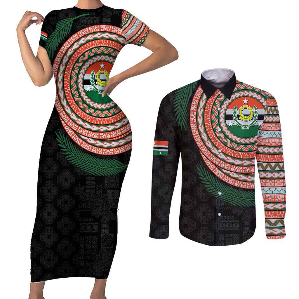 Penama Tribal Tattoo with Namele Leaves Couples Matching Short Sleeve Bodycon Dress and Long Sleeve Button Shirt