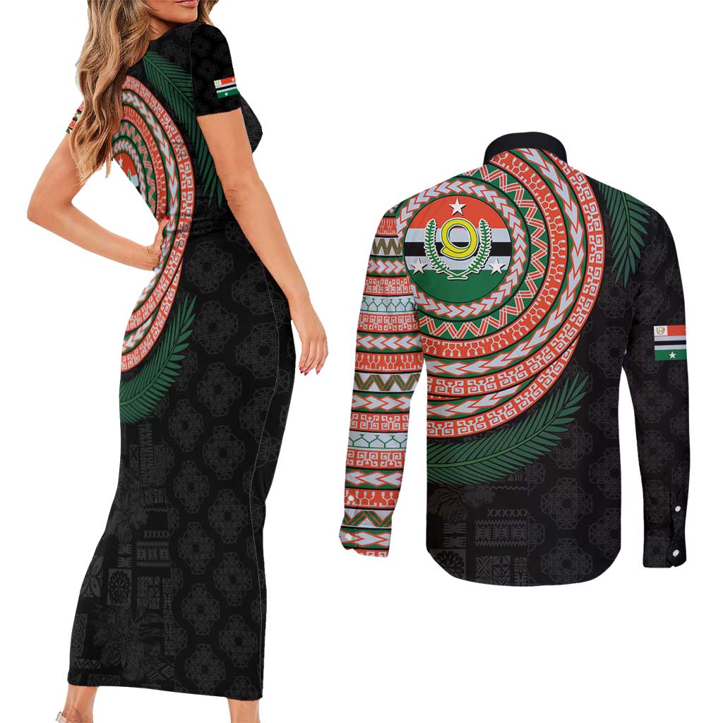 Penama Tribal Tattoo with Namele Leaves Couples Matching Short Sleeve Bodycon Dress and Long Sleeve Button Shirt