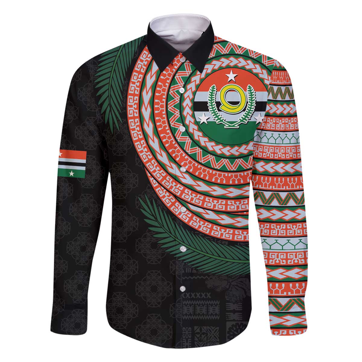 Penama Tribal Tattoo with Namele Leaves Family Matching Off The Shoulder Long Sleeve Dress and Hawaiian Shirt