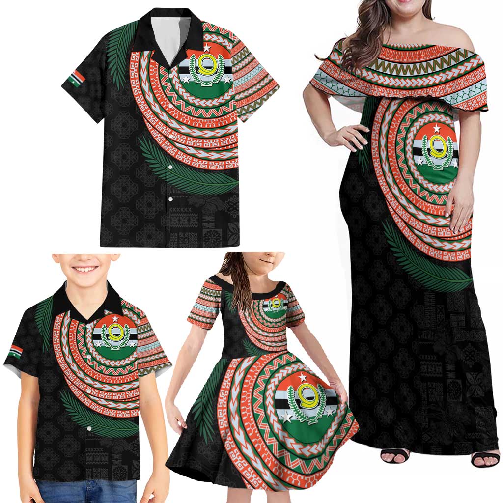 Penama Tribal Tattoo with Namele Leaves Family Matching Off Shoulder Maxi Dress and Hawaiian Shirt