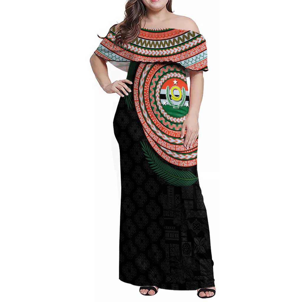 Penama Tribal Tattoo with Namele Leaves Family Matching Off Shoulder Maxi Dress and Hawaiian Shirt