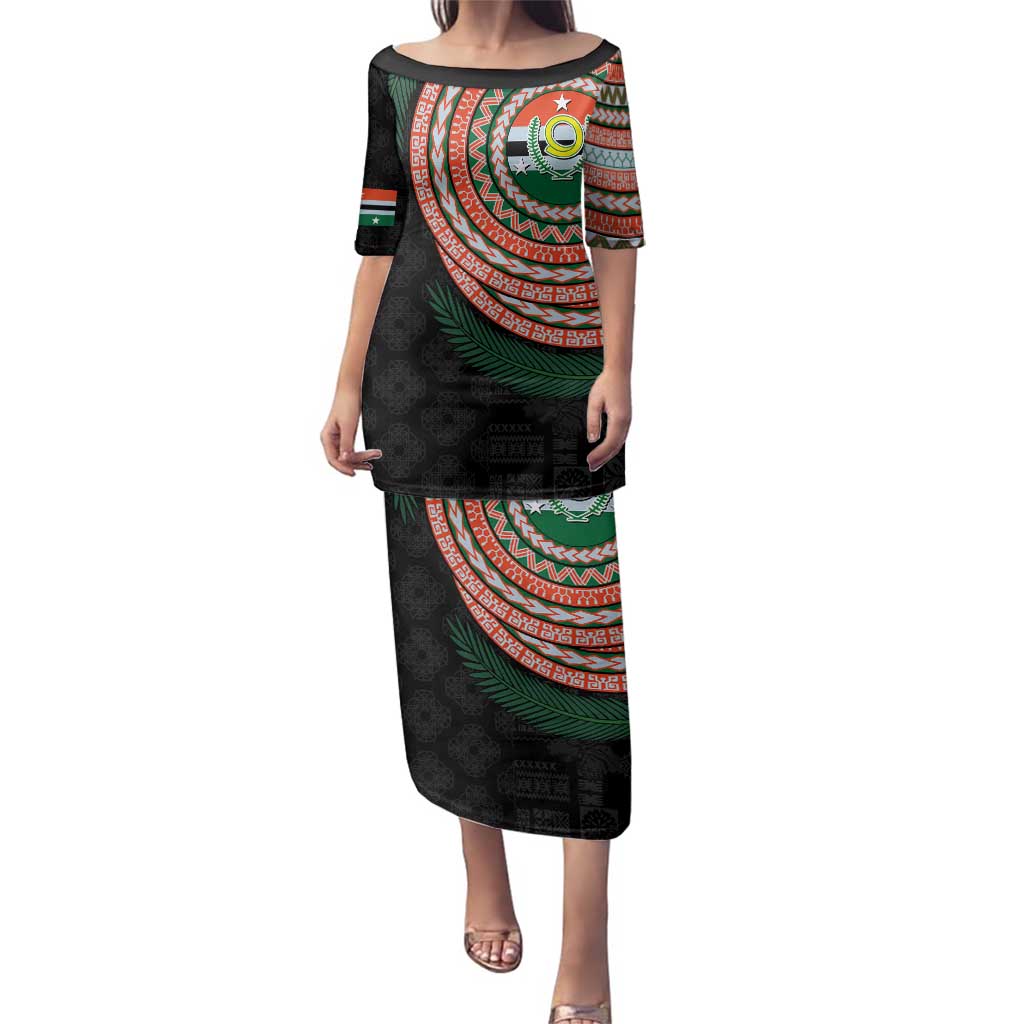 Penama Tribal Tattoo with Namele Leaves Family Matching Puletasi and Hawaiian Shirt