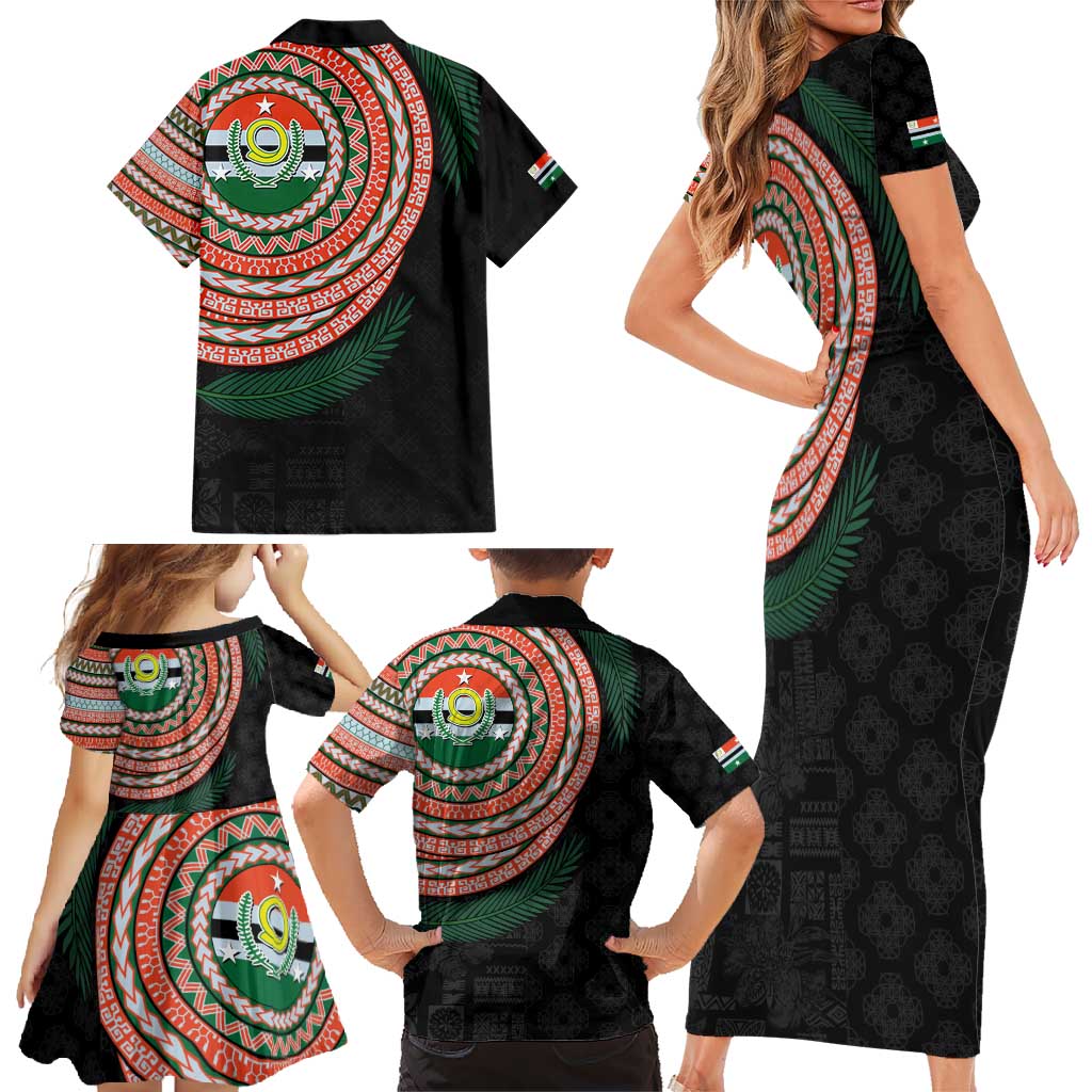 Penama Tribal Tattoo with Namele Leaves Family Matching Short Sleeve Bodycon Dress and Hawaiian Shirt