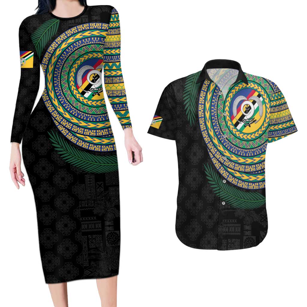 Torba Tribal Tattoo with Namele Leaves Couples Matching Long Sleeve Bodycon Dress and Hawaiian Shirt