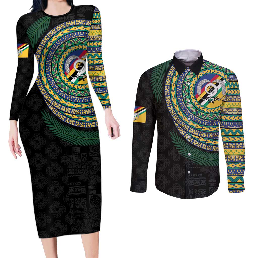 Torba Tribal Tattoo with Namele Leaves Couples Matching Long Sleeve Bodycon Dress and Long Sleeve Button Shirt