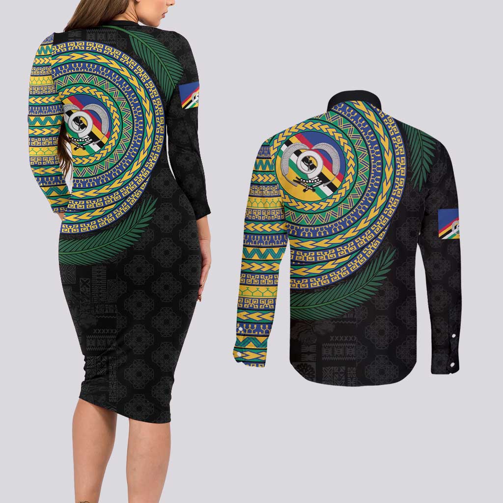 Torba Tribal Tattoo with Namele Leaves Couples Matching Long Sleeve Bodycon Dress and Long Sleeve Button Shirt