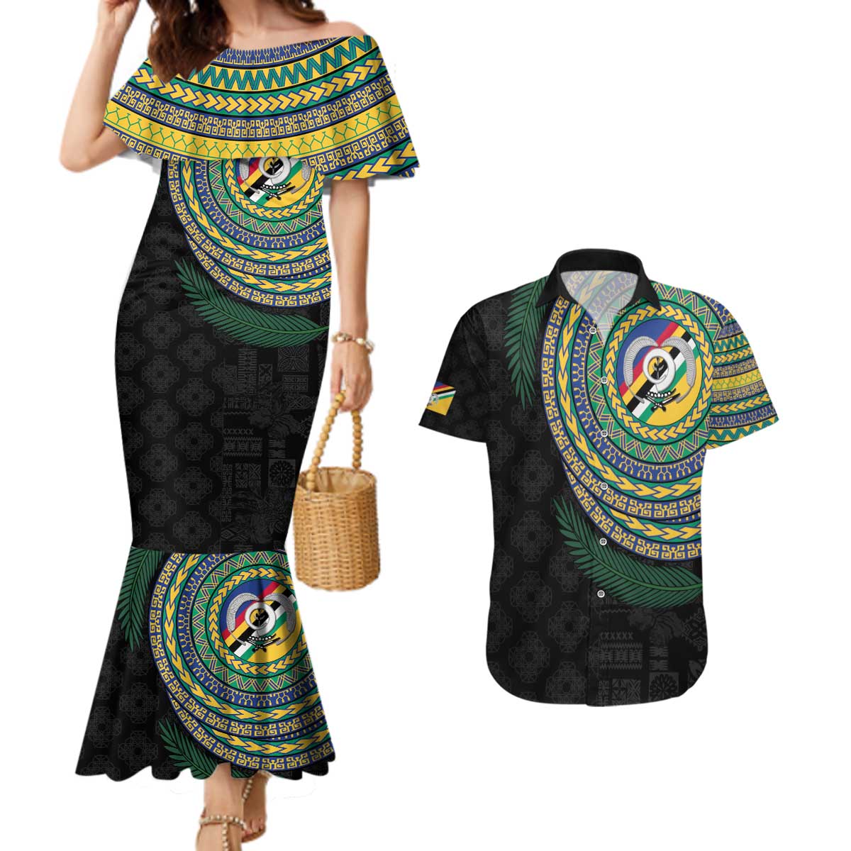 Torba Tribal Tattoo with Namele Leaves Couples Matching Mermaid Dress and Hawaiian Shirt