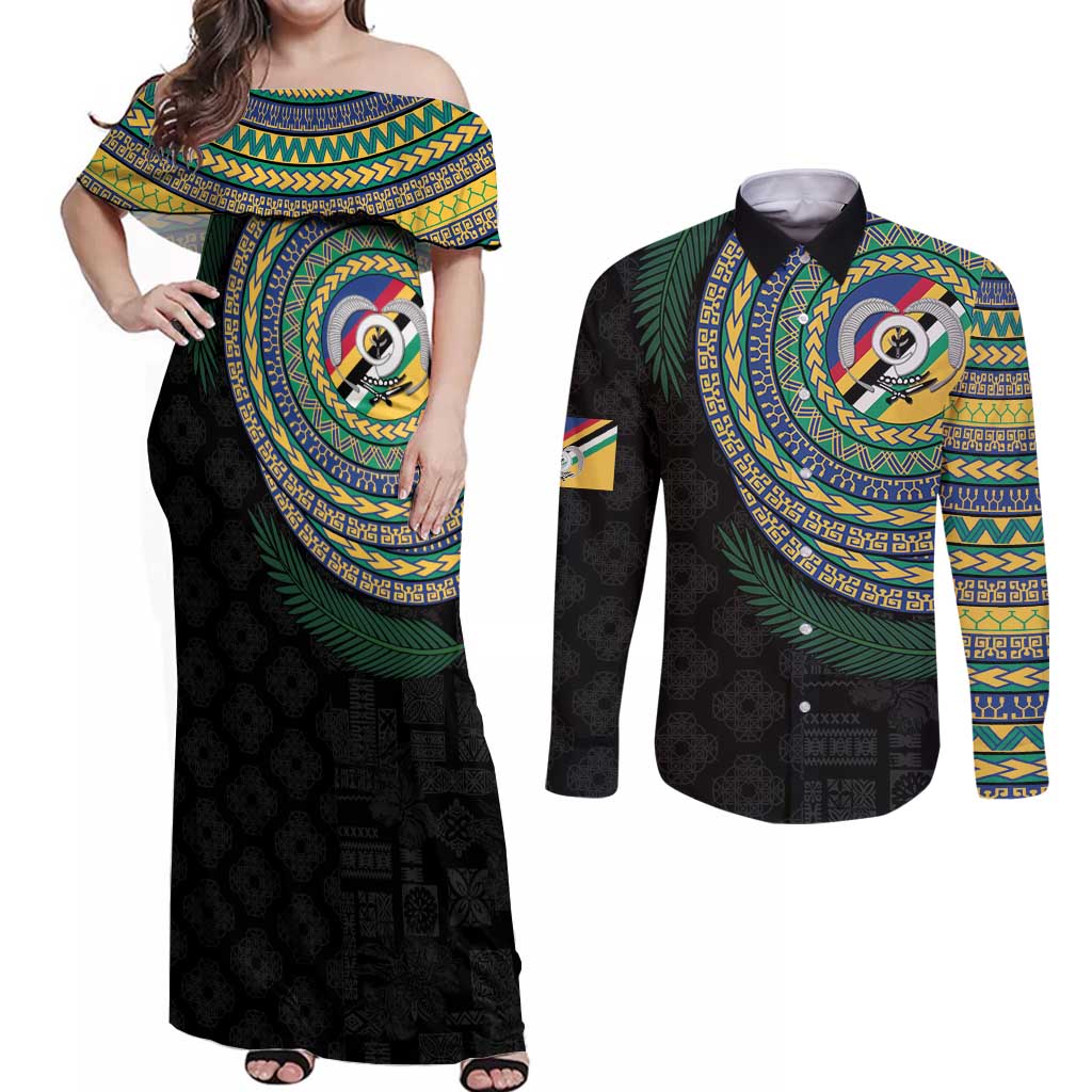Torba Tribal Tattoo with Namele Leaves Couples Matching Off Shoulder Maxi Dress and Long Sleeve Button Shirt