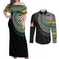 Torba Tribal Tattoo with Namele Leaves Couples Matching Off Shoulder Maxi Dress and Long Sleeve Button Shirt