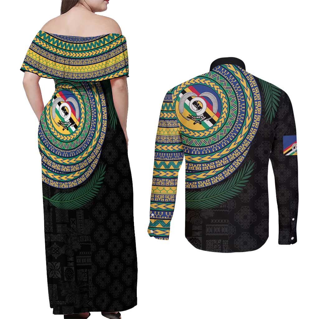 Torba Tribal Tattoo with Namele Leaves Couples Matching Off Shoulder Maxi Dress and Long Sleeve Button Shirt