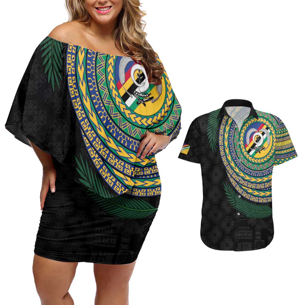 Torba Tribal Tattoo with Namele Leaves Couples Matching Off Shoulder Short Dress and Hawaiian Shirt