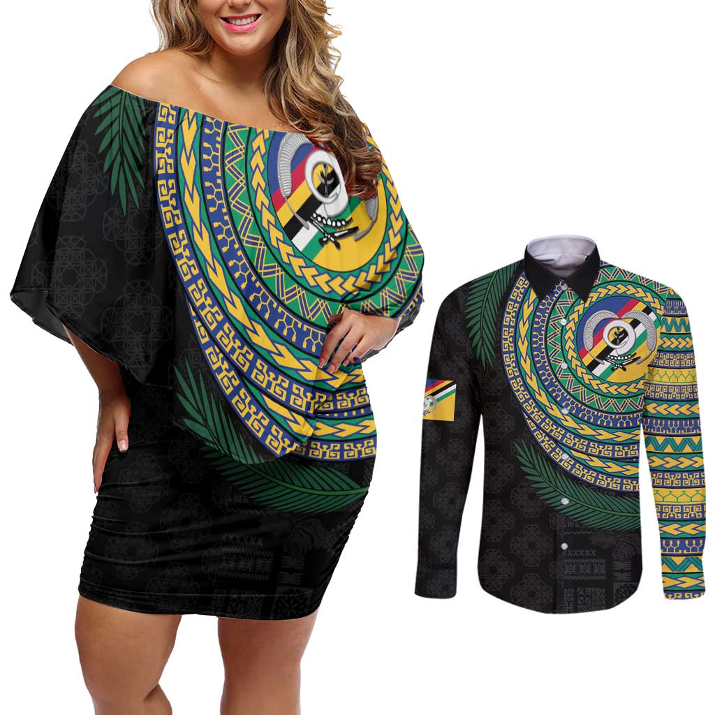 Torba Tribal Tattoo with Namele Leaves Couples Matching Off Shoulder Short Dress and Long Sleeve Button Shirt
