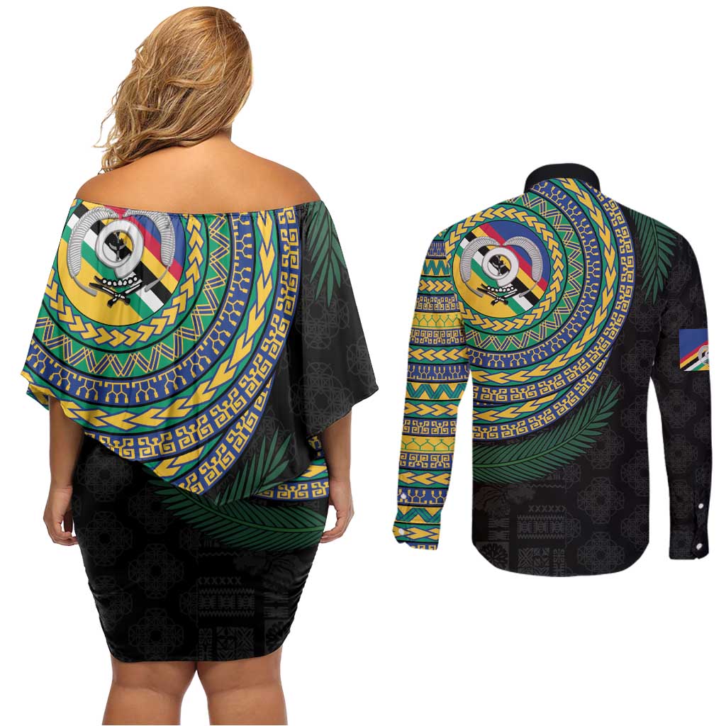 Torba Tribal Tattoo with Namele Leaves Couples Matching Off Shoulder Short Dress and Long Sleeve Button Shirt