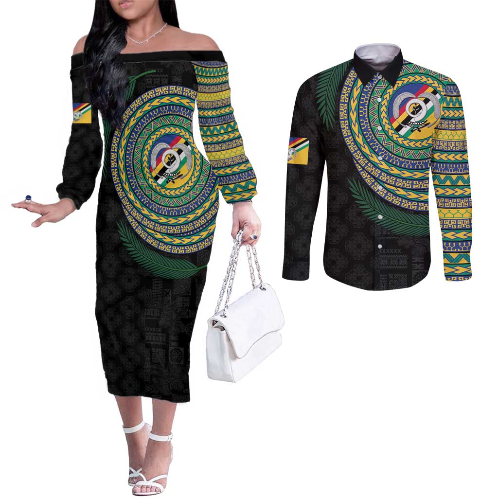 Torba Tribal Tattoo with Namele Leaves Couples Matching Off The Shoulder Long Sleeve Dress and Long Sleeve Button Shirt