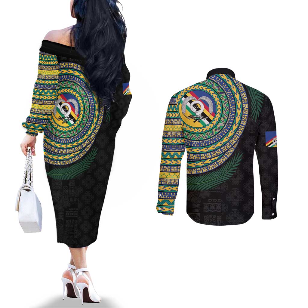 Torba Tribal Tattoo with Namele Leaves Couples Matching Off The Shoulder Long Sleeve Dress and Long Sleeve Button Shirt
