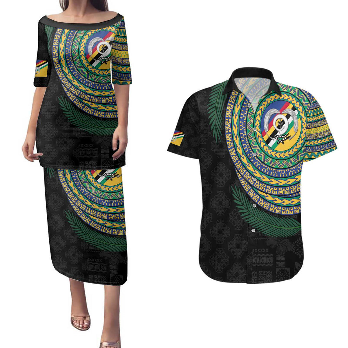 Torba Tribal Tattoo with Namele Leaves Couples Matching Puletasi and Hawaiian Shirt