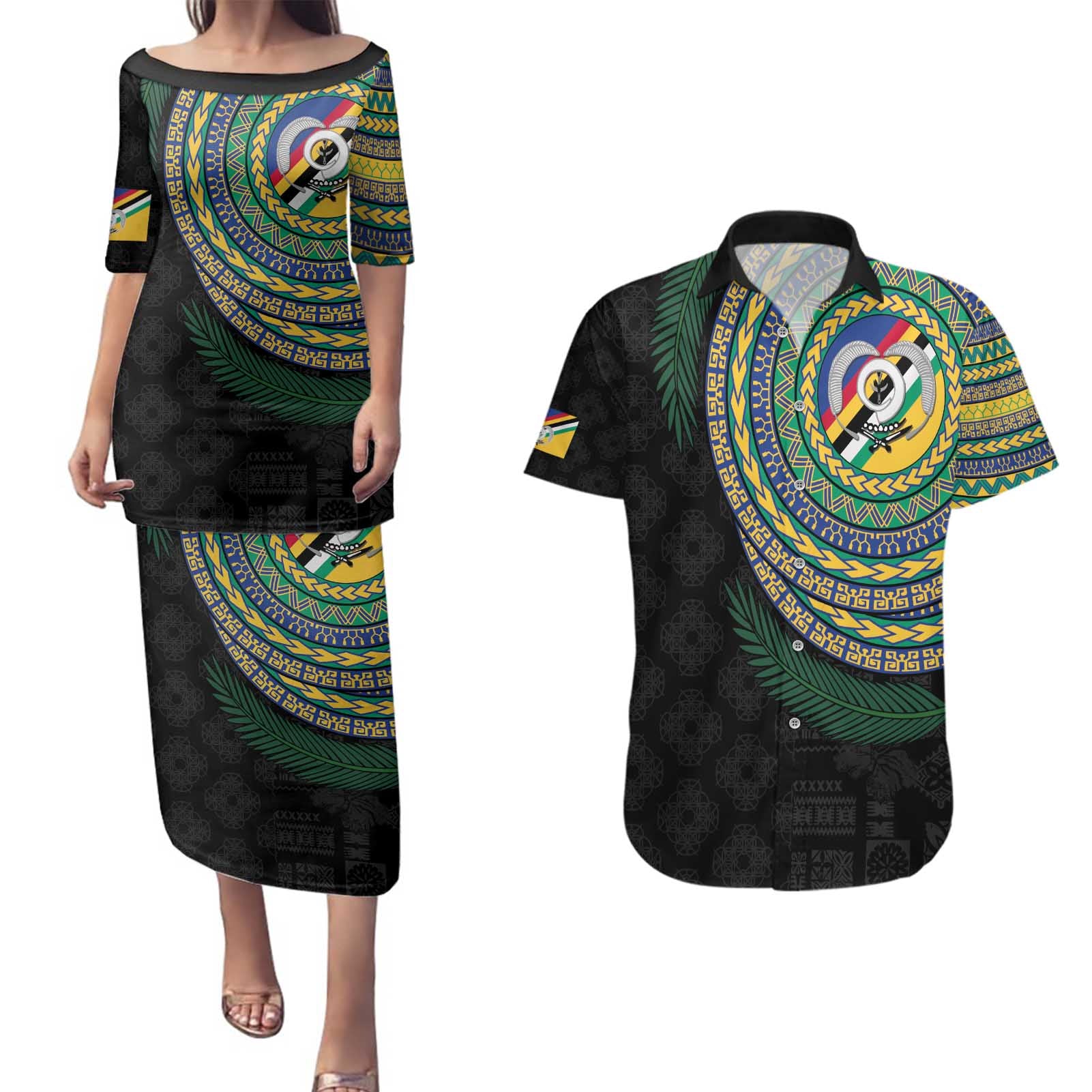 Torba Tribal Tattoo with Namele Leaves Couples Matching Puletasi and Hawaiian Shirt