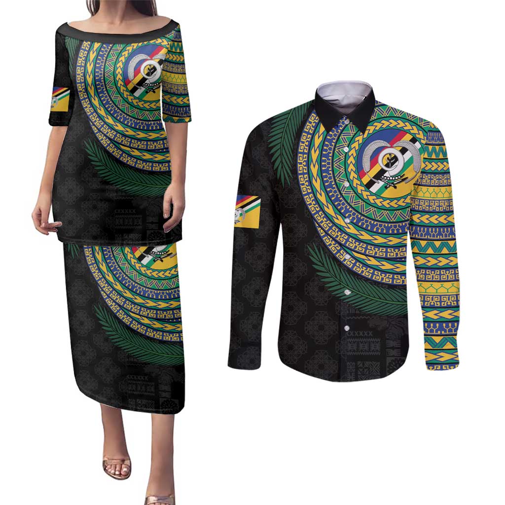 Torba Tribal Tattoo with Namele Leaves Couples Matching Puletasi and Long Sleeve Button Shirt