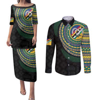 Torba Tribal Tattoo with Namele Leaves Couples Matching Puletasi and Long Sleeve Button Shirt