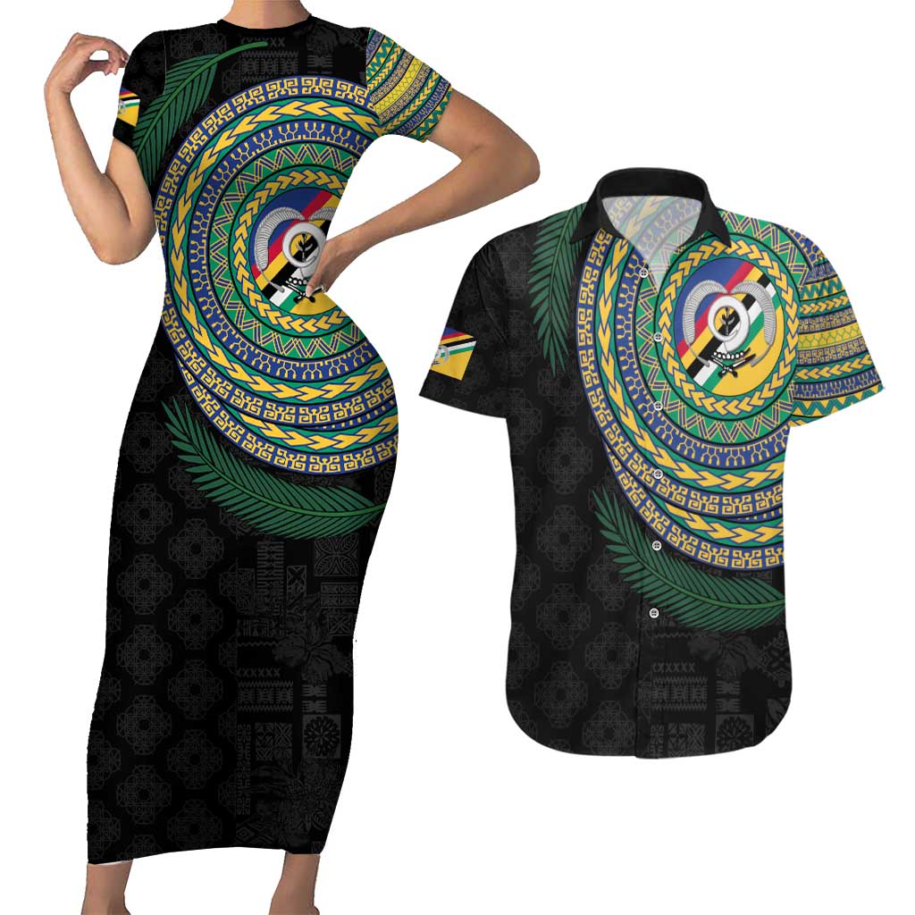 Torba Tribal Tattoo with Namele Leaves Couples Matching Short Sleeve Bodycon Dress and Hawaiian Shirt