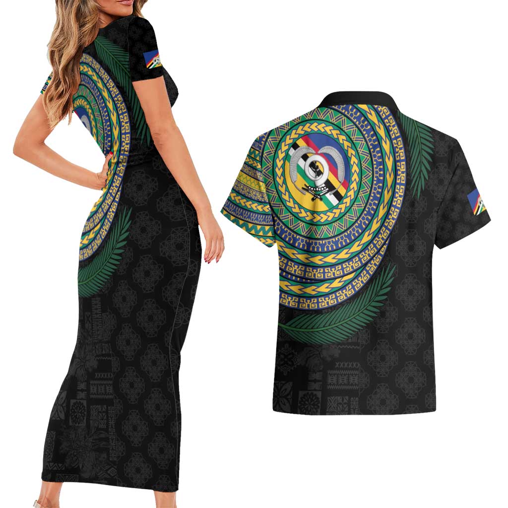 Torba Tribal Tattoo with Namele Leaves Couples Matching Short Sleeve Bodycon Dress and Hawaiian Shirt