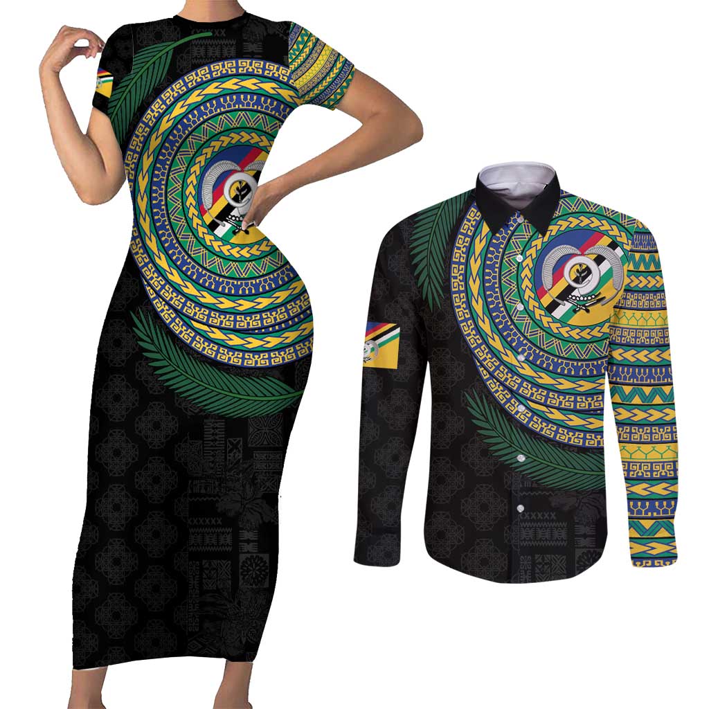 Torba Tribal Tattoo with Namele Leaves Couples Matching Short Sleeve Bodycon Dress and Long Sleeve Button Shirt