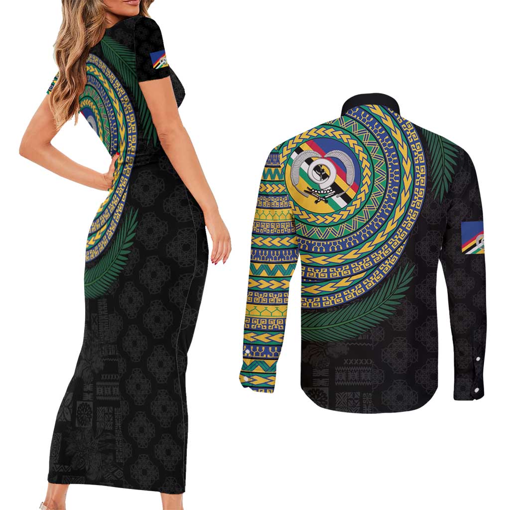 Torba Tribal Tattoo with Namele Leaves Couples Matching Short Sleeve Bodycon Dress and Long Sleeve Button Shirt