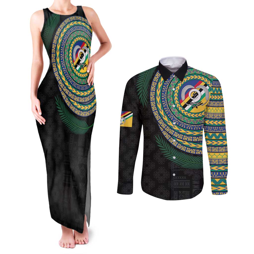Torba Tribal Tattoo with Namele Leaves Couples Matching Tank Maxi Dress and Long Sleeve Button Shirt