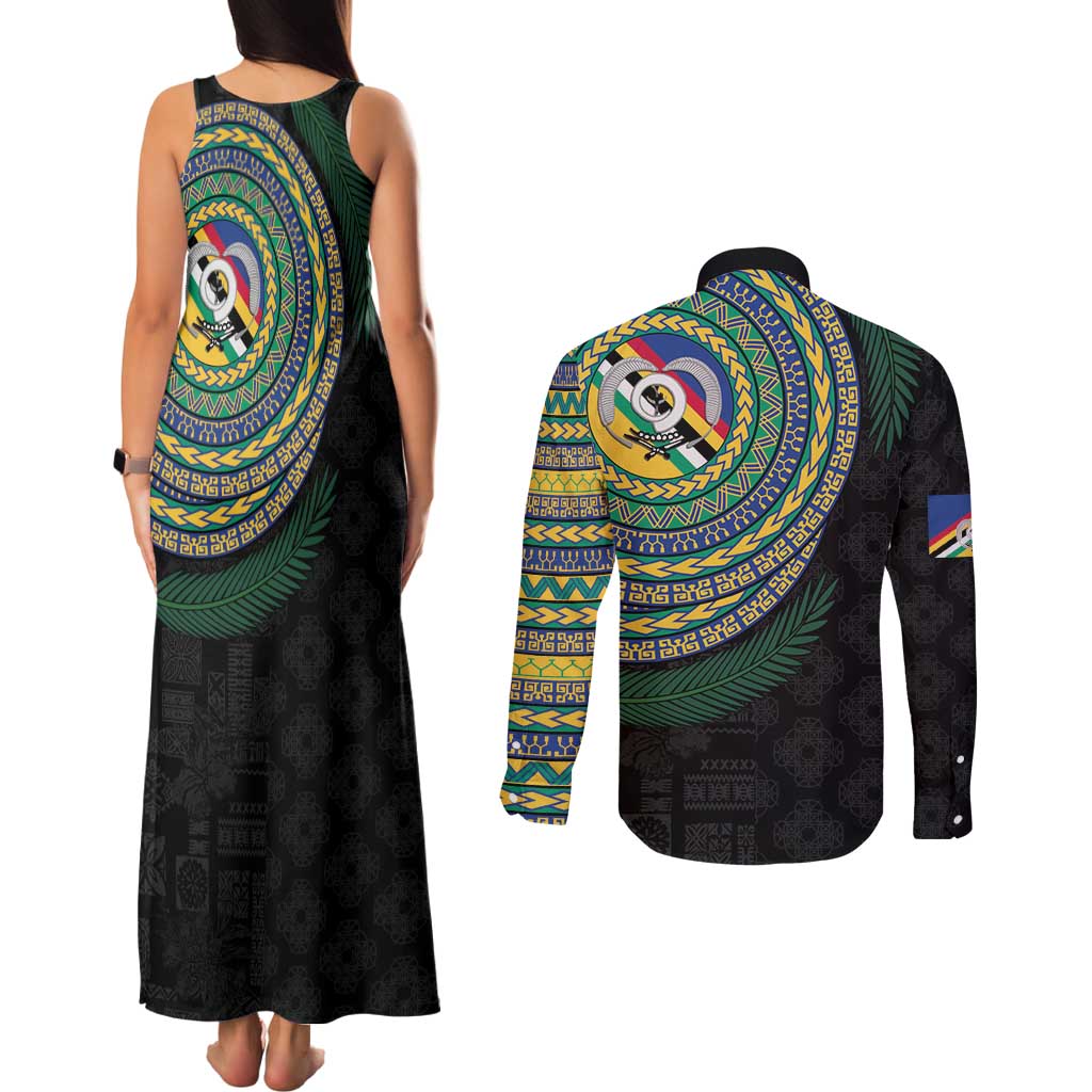Torba Tribal Tattoo with Namele Leaves Couples Matching Tank Maxi Dress and Long Sleeve Button Shirt