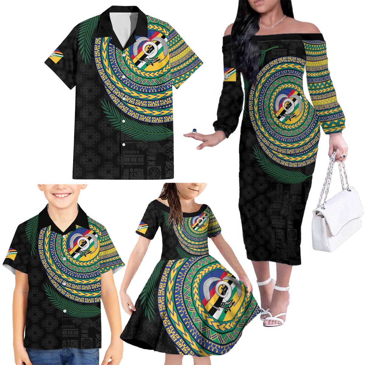 Torba Tribal Tattoo with Namele Leaves Family Matching Off The Shoulder Long Sleeve Dress and Hawaiian Shirt