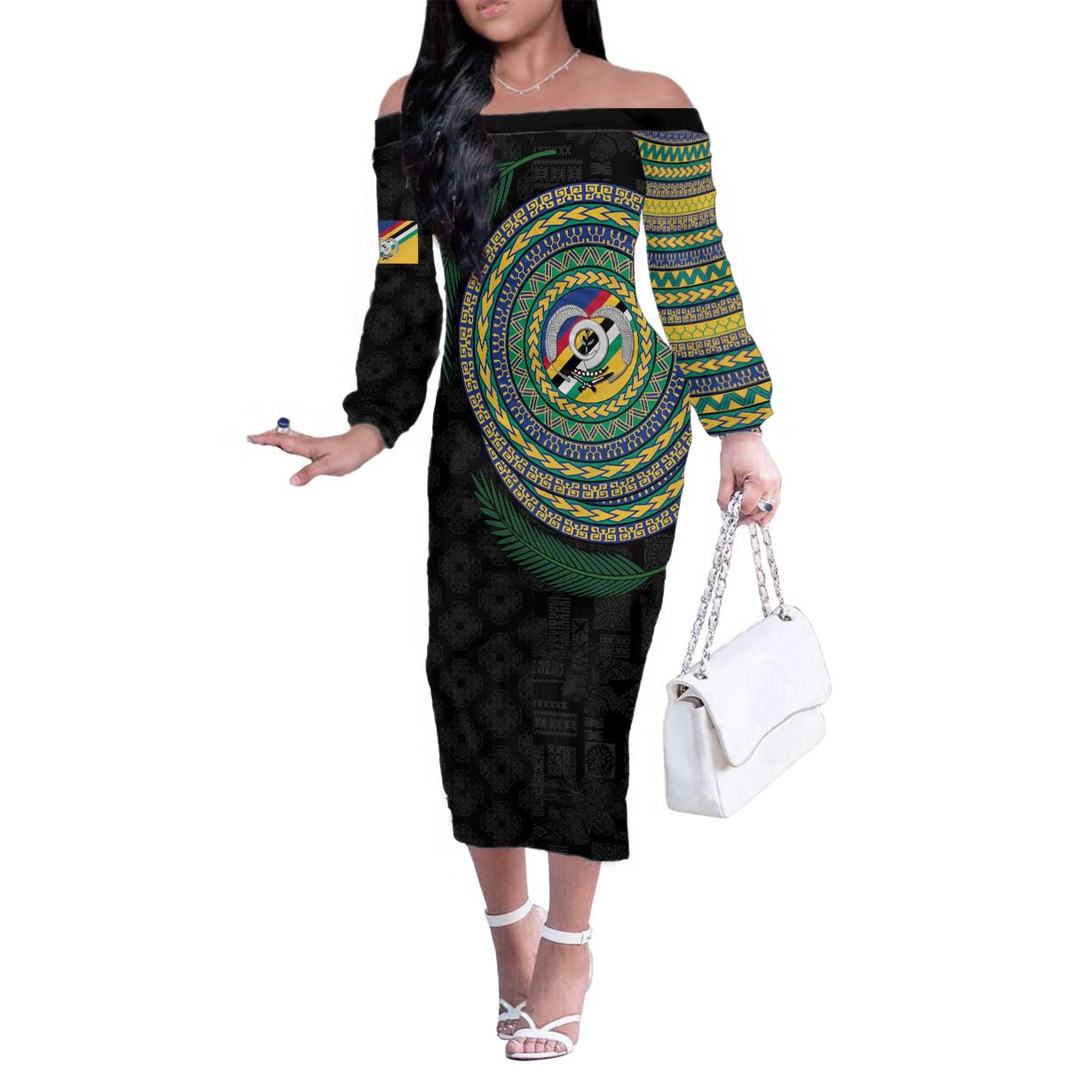 Torba Tribal Tattoo with Namele Leaves Family Matching Off The Shoulder Long Sleeve Dress and Hawaiian Shirt