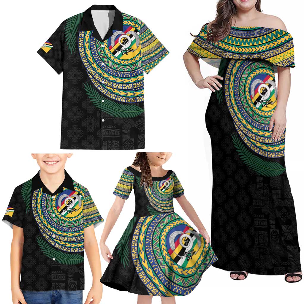 Torba Tribal Tattoo with Namele Leaves Family Matching Off Shoulder Maxi Dress and Hawaiian Shirt