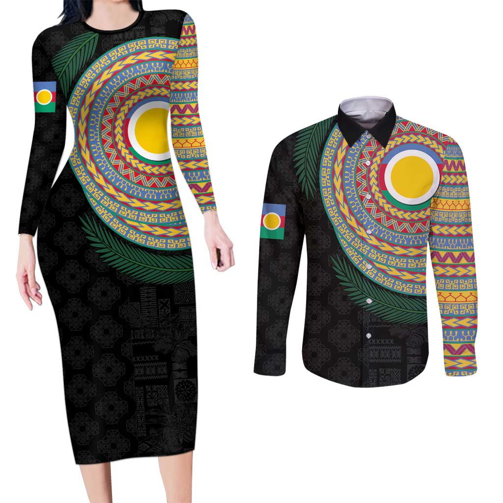 Shefa Tribal Tattoo with Namele Leaves Couples Matching Long Sleeve Bodycon Dress and Long Sleeve Button Shirt