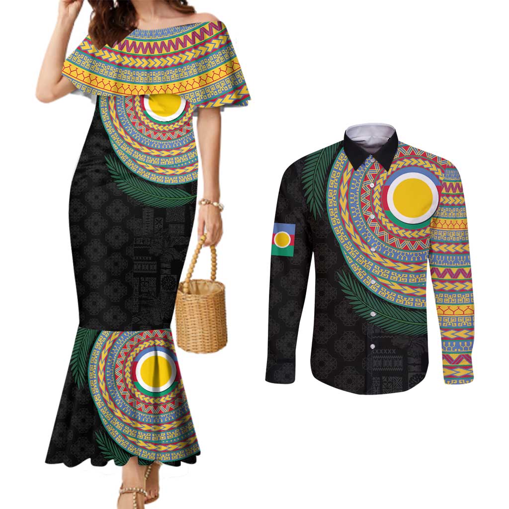 Shefa Tribal Tattoo with Namele Leaves Couples Matching Mermaid Dress and Long Sleeve Button Shirt