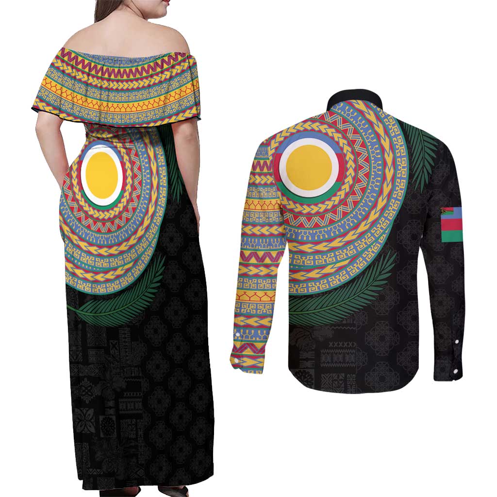 Shefa Tribal Tattoo with Namele Leaves Couples Matching Off Shoulder Maxi Dress and Long Sleeve Button Shirt